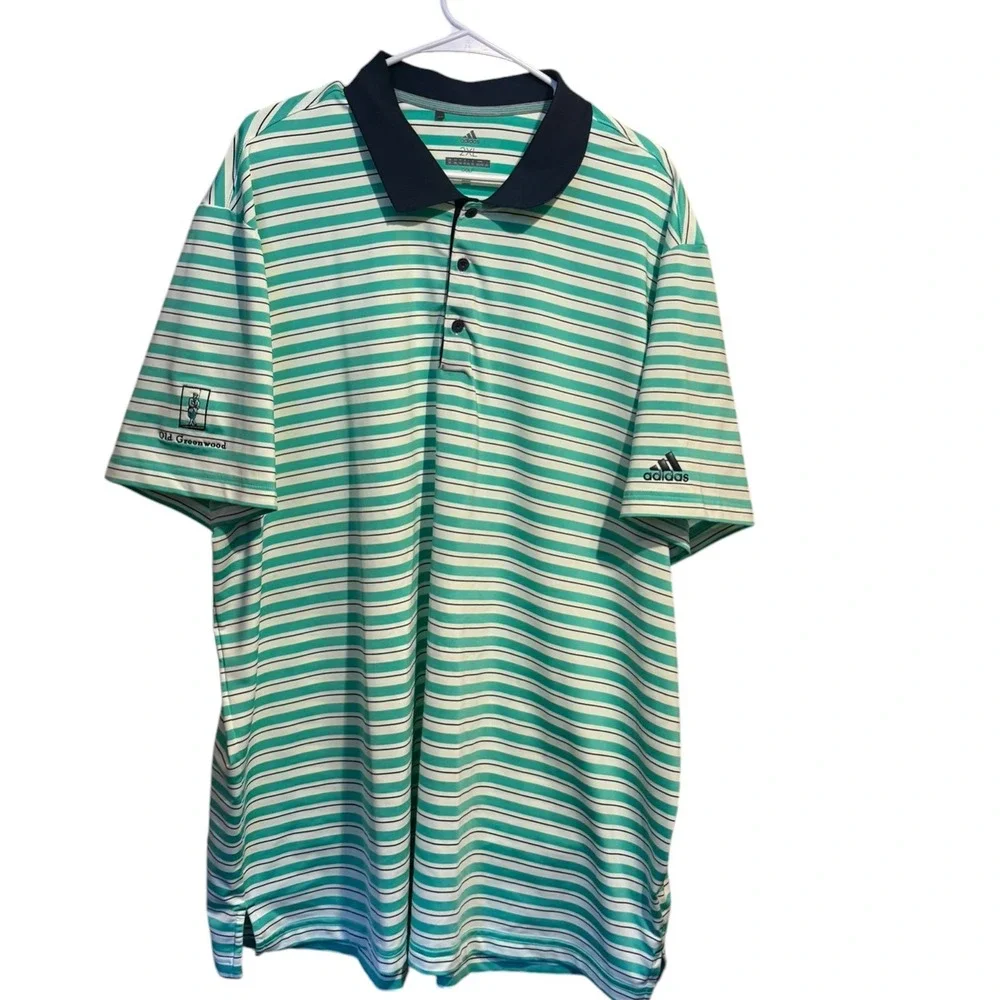Adidas Golf Performance Polo Preppy Mens 2XL Green Striped Old Greenwood Log